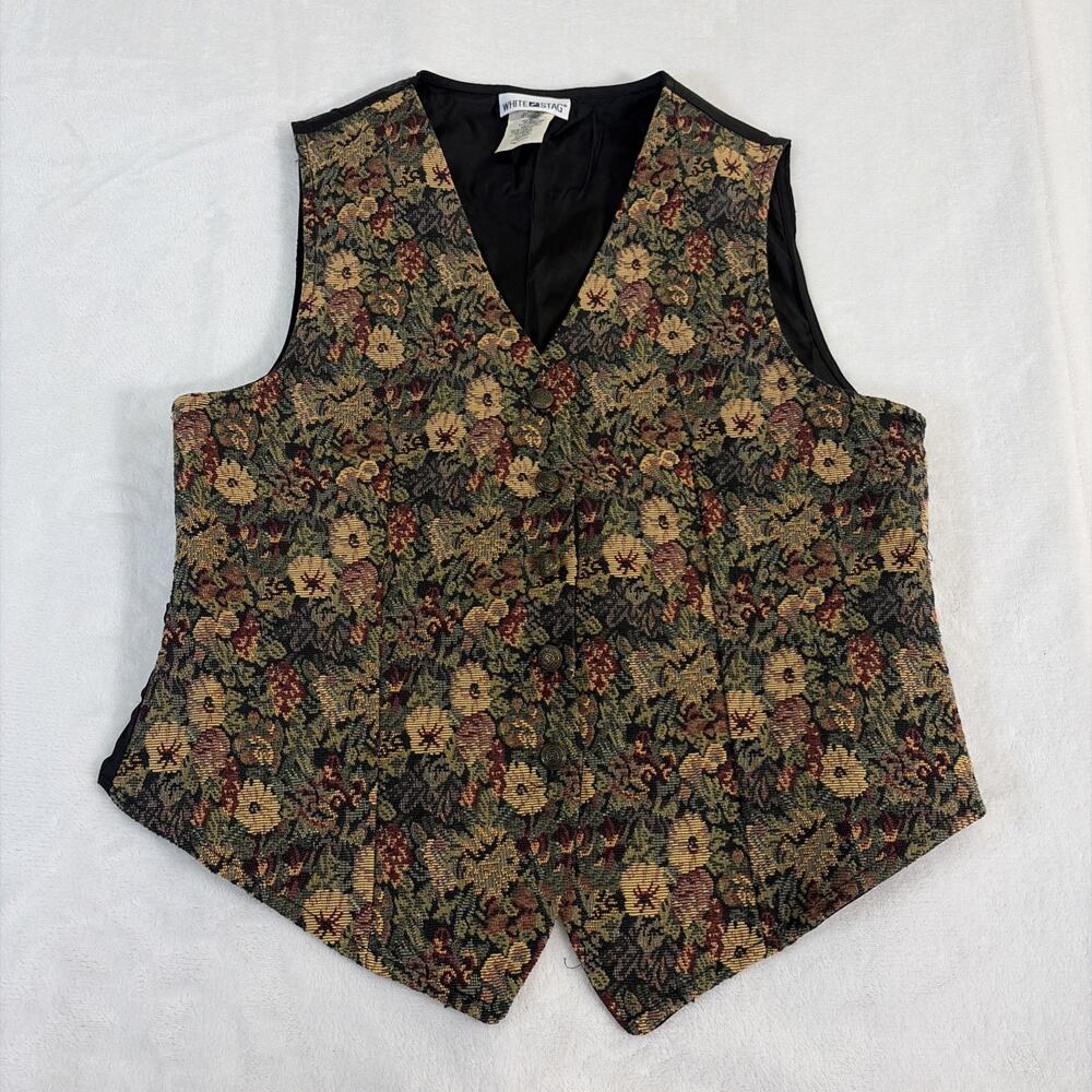 Vtg White Stag Floral Tapestry Woven Brocade Vest M Whimsigoth Cottage Retro 90s
